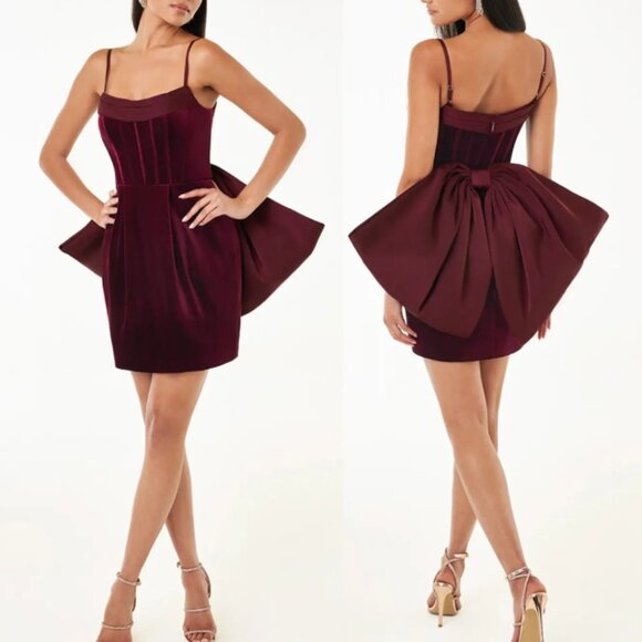 Azazie Atelier Mini Holiday Dress Womens 6 Wine Red Big Bow Back Velvet Cocktail - Picture 1 of 15